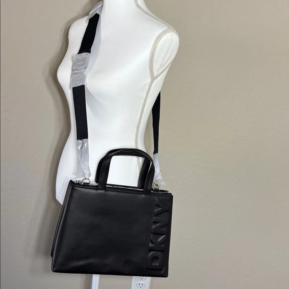 DKNY Tinsley Logo Embossed Medium Black Satchel/Crossbody Bag. NWT